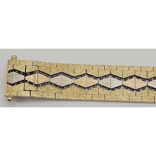 60 - A Lovely Vintage 9K Three-Gold Colour Bracelet. Yellow gold with a geometric diamond pattern rose an... 