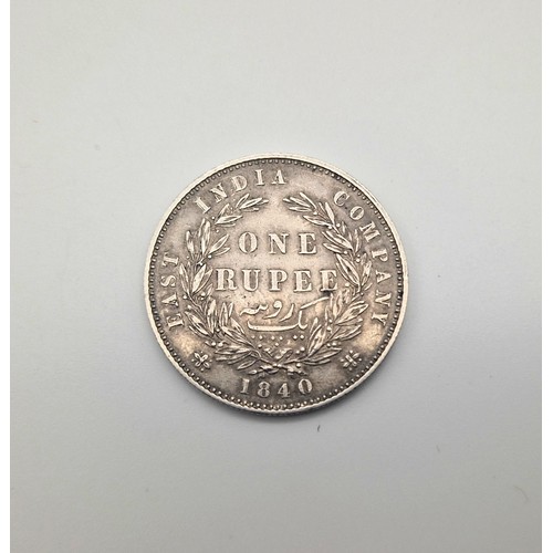 1456 - An 1840 India, East India Company 1 Rupee Silver Coin. Please see photos for conditions.