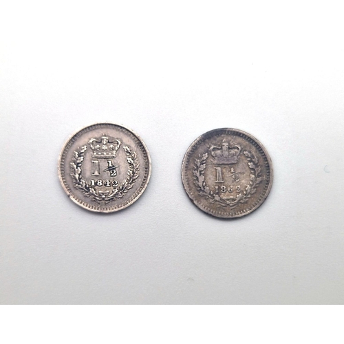 220 - Two Queen Victoria One and a Half Pence Silver Coins. 1842 and 1862. S3915. Please see photos for co... 