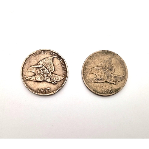 94 - Two USA Flying Eagle Cents. 1857 and 1858. Please see photos for conditions.