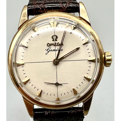 152 - A Vintage Omega Geneve 9K Gold Gents Watch. Leather strap. Gold case - 34mm. Cream dial with sub sec... 