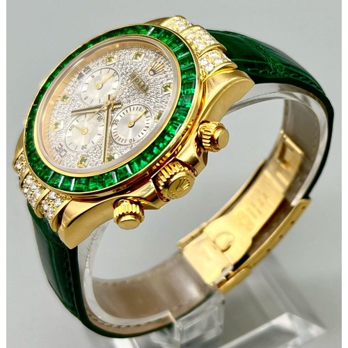 19 - A Very Bling Rolex Cosmograph 18K Gold, Emerald and Diamond Watch. Green leather strap and Rolex gol... 