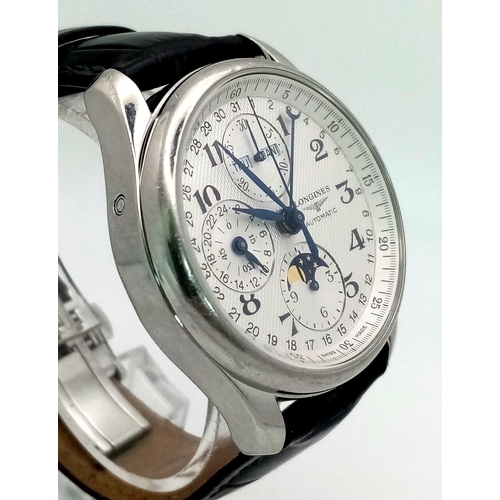 44 - A Longines Automatic Chronograph Gents Watch. Black leather strap. Steel buckle and case - 40mm. Whi... 