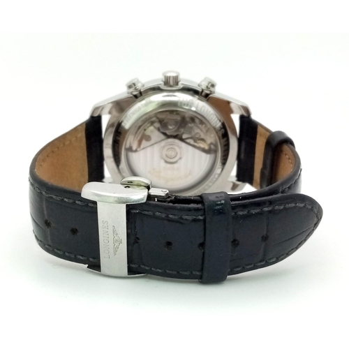 44 - A Longines Automatic Chronograph Gents Watch. Black leather strap. Steel buckle and case - 40mm. Whi... 