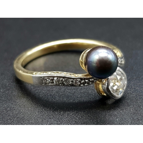 115 - A 14K Yellow Gold Tahitian Grey Pearl and Diamond Ring. 0.5ct diamond and pearl crossover with furth... 