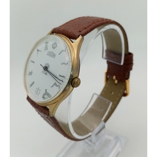 1555 - A Jason Masonic Gents Watch. Brown leather strap. Two tone steel case - 34mm. White dial with Masoni... 