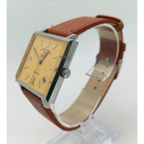 199 - A Vintage Favre-Leuba Daymatic Watch. Brown leather strap. Square case - 30mm. Peach dial with date ... 