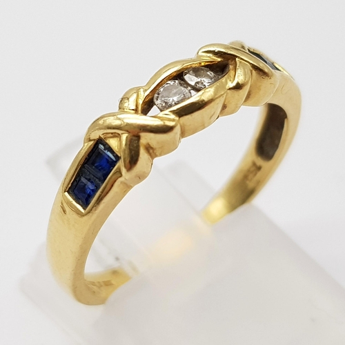 1549 - 18K YELLOW GOLD DIAMOND & SAPPHIRE RING. WEIGHS  3.2G. SIZE O