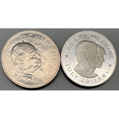 999 - 1965 CHURCHILL COIN 28.5G & STERLING SILVER 1981 ROYAL WEDDING BAILIWICK OF JERSEY £2 COIN 28.1G