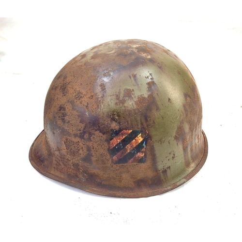 85 - WW2 US Army 3rd Infantry Division Helmet. A swivel bale example retaining a flash of the blue and wh... 