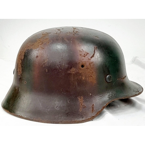 92 - WW2 German M40 Stahlhelm Steel Combat Helmet. Green and Tan Normandy Camo with ventilation holes, si... 