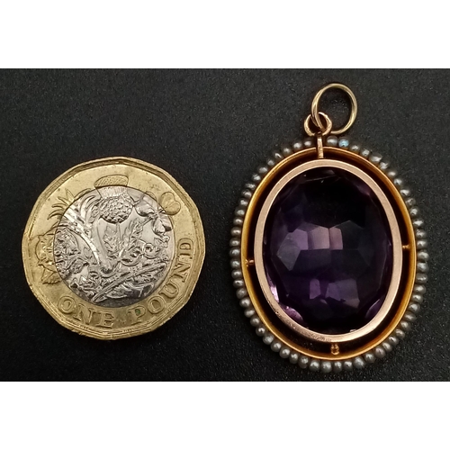 200 - An Antique Amethyst and Pearl Pendant set in High Karat Gold. A wonderfully hypnotic, clean 20ct ova... 