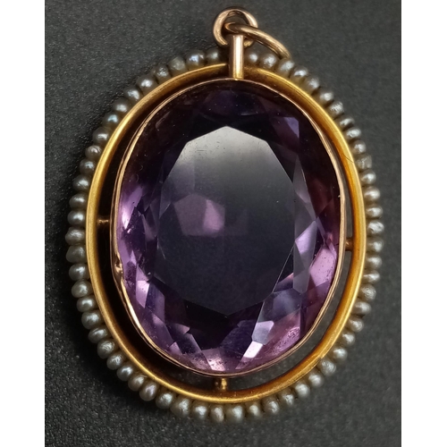 200 - An Antique Amethyst and Pearl Pendant set in High Karat Gold. A wonderfully hypnotic, clean 20ct ova... 