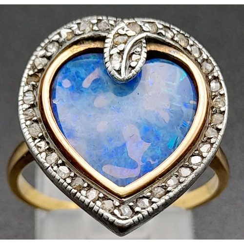 221 - An Antique 18K Gold Georgian Black Harlequin Opal Ring. Heart-shaped with a diamond serpentine surro... 