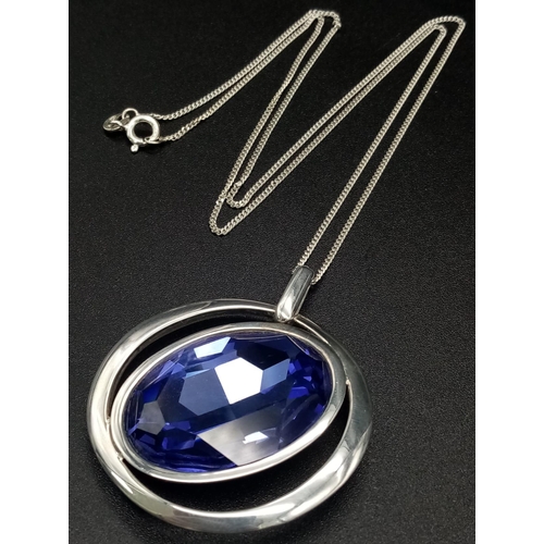 597 - New Sterling Silver 3cm Length Oval Cut Tanzanite Colour Zircon Set. Necklace 50cm Length chain, Pen... 