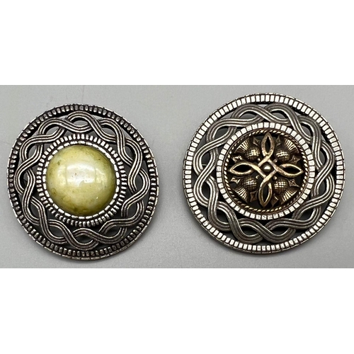 1553 - A Pair of Vintage Celtic White Metal Brooches 1 Set with Hardstone (possibly Serpentine), 1 Gilt Cen... 