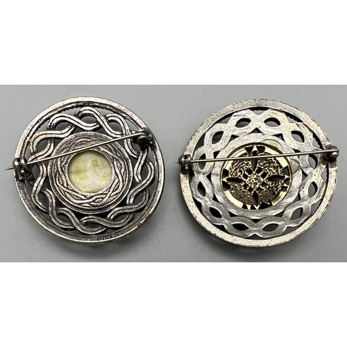 1553 - A Pair of Vintage Celtic White Metal Brooches 1 Set with Hardstone (possibly Serpentine), 1 Gilt Cen... 