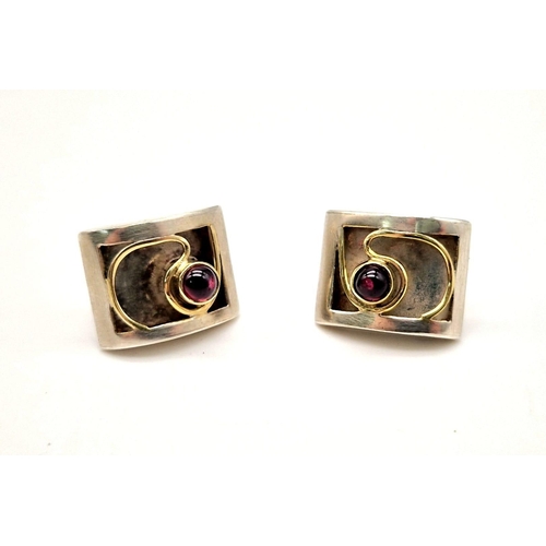 1560 - Vintage Sterling Silver and Gilt Ruby Set Stud Earrings 1.5cm Length.