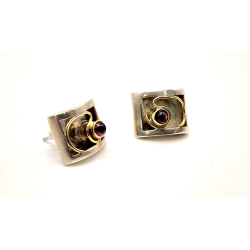 1560 - Vintage Sterling Silver and Gilt Ruby Set Stud Earrings 1.5cm Length.