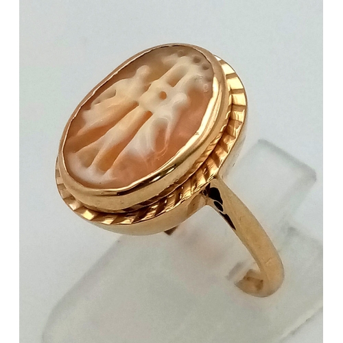 214 - A Victorian 9k Gold Three Graces Cameo Ring. Size N. 3.54g total weight.