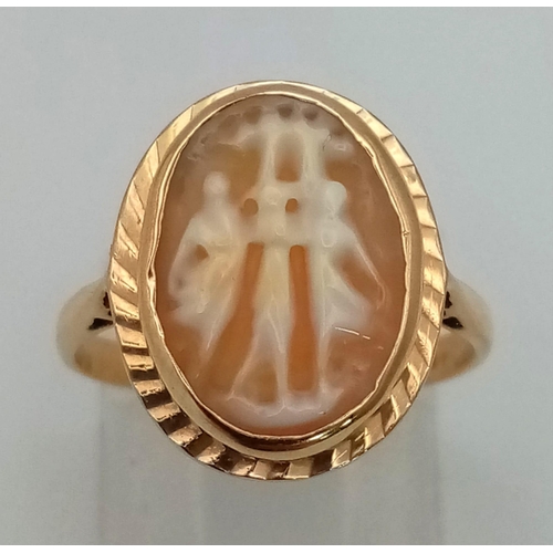 214 - A Victorian 9k Gold Three Graces Cameo Ring. Size N. 3.54g total weight.