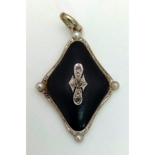 235 - An Art Deco, Enamel, Diamond, 18k gold and Platinum Pendant. 3cm. 2.34g total weight.