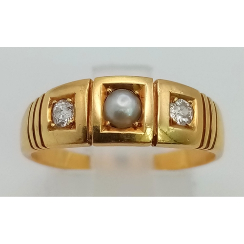 100 - 18K YELLOW GOLD DIAMOND & PEARL RING. TOTAL WEIGHT  3.9G SIZE P