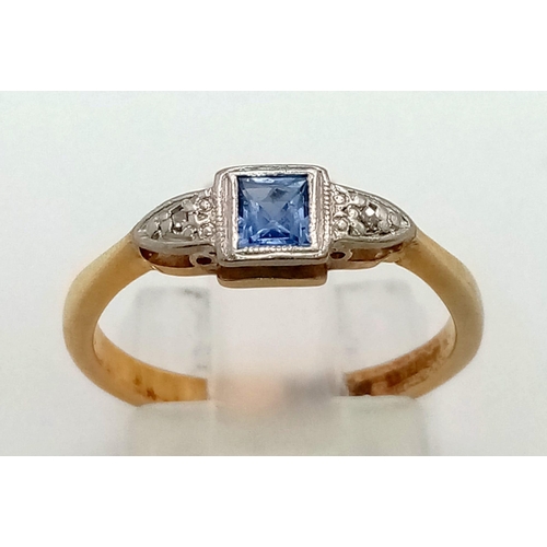 142 - A vintage, 18 K yellow gold, diamond and sapphire, ring. Size: L1/2, weight: 2.8 g.