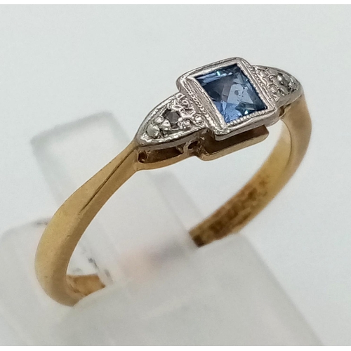 142 - A vintage, 18 K yellow gold, diamond and sapphire, ring. Size: L1/2, weight: 2.8 g.