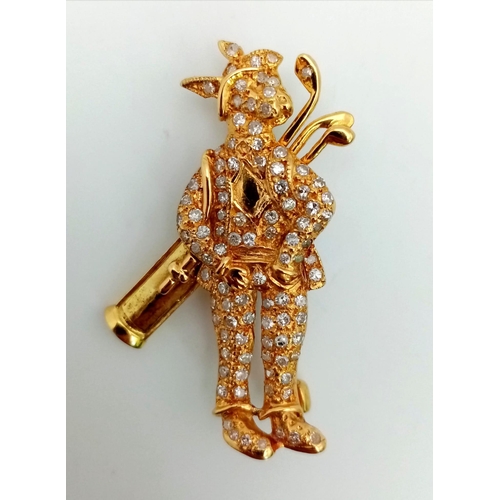 72 - An 18 K yellow gold, diamond (1.50 carats) set rabbit golfer brooch, possibly by Raymond Yard. Weigh... 