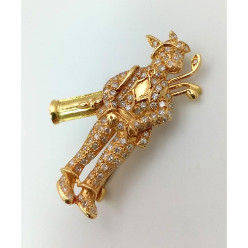 72 - An 18 K yellow gold, diamond (1.50 carats) set rabbit golfer brooch, possibly by Raymond Yard. Weigh... 