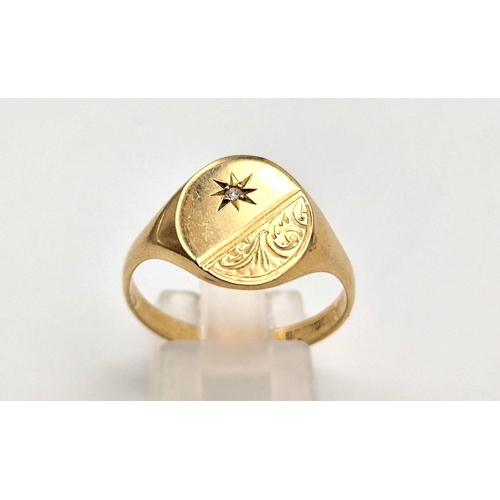 93 - A 9 K yellow gold diamond signet ring. Size: T, weight: 3.6 g.