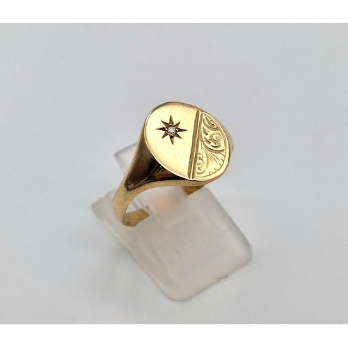 93 - A 9 K yellow gold diamond signet ring. Size: T, weight: 3.6 g.