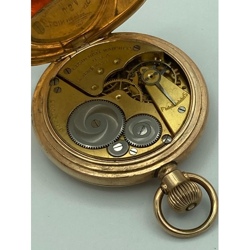 154 - ELGIN GOLD FILLED FULL HUNTER POCKET WATCH. CYCLONE MODEL. Top winding in full working order. No gla... 