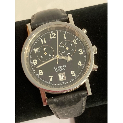 567 - SEWILLS of LIVERPOOL Quartz pilots watch, Black face multi dial model with date window. finished in ... 