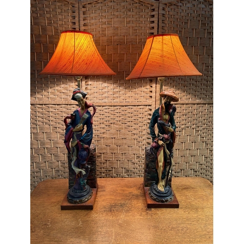 192 - A Pair of Asian Inspired Ceramic Table Lamps. Male and Female lamps, probably a custom-made conversi... 