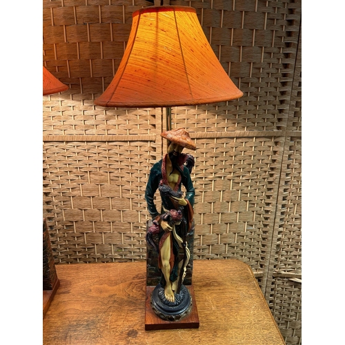 192 - A Pair of Asian Inspired Ceramic Table Lamps. Male and Female lamps, probably a custom-made conversi... 