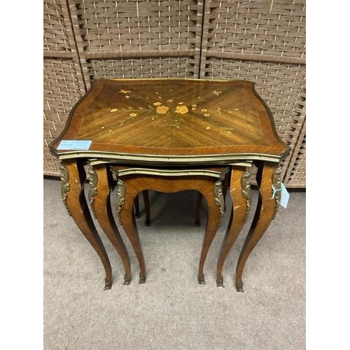 84 - Three Vintage, Possibly Antique Louis XV style nest of tables with floral inlay. Height: 58 cm. Widt... 