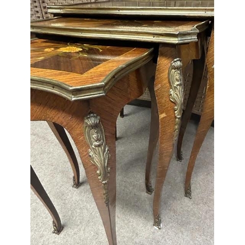 84 - Three Vintage, Possibly Antique Louis XV style nest of tables with floral inlay. Height: 58 cm. Widt... 