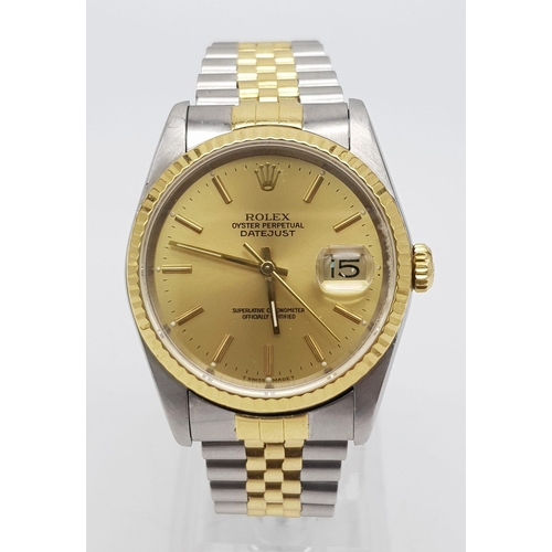 1699 - GENTLEMANS BI METAL ROLEX OYSTER PERPETUAL DATEJUST WATCH WITH GOLD FACE. VERY NICE CONDITION. 36MM.... 