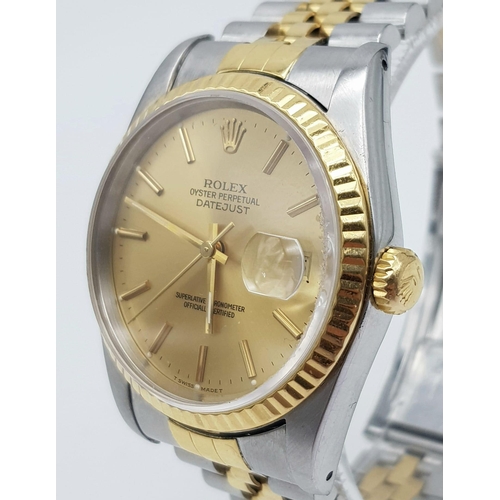 1699 - GENTLEMANS BI METAL ROLEX OYSTER PERPETUAL DATEJUST WATCH WITH GOLD FACE. VERY NICE CONDITION. 36MM.... 