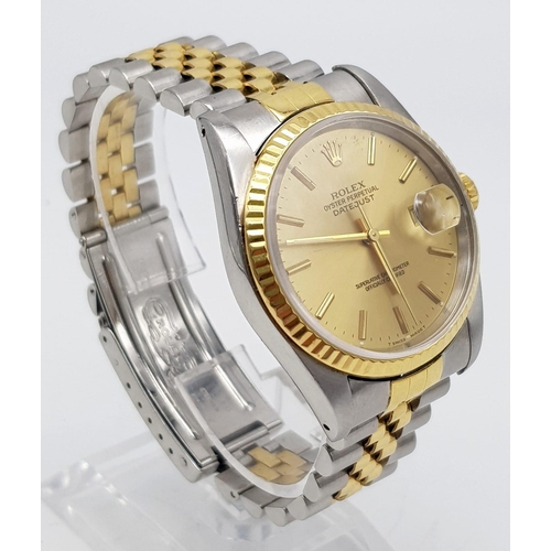 1699 - GENTLEMANS BI METAL ROLEX OYSTER PERPETUAL DATEJUST WATCH WITH GOLD FACE. VERY NICE CONDITION. 36MM.... 