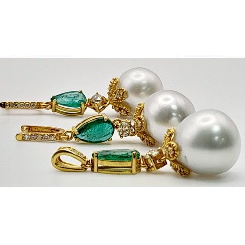 118 - A Pair of High Karat Gold, Large South Sea Pearl, Emerald and Diamond Earring and Pendant Set. 4cm d... 