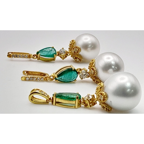 118 - A Pair of High Karat Gold, Large South Sea Pearl, Emerald and Diamond Earring and Pendant Set. 4cm d... 