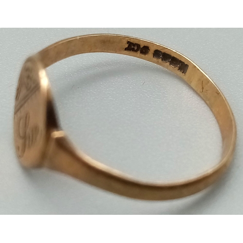 1196 - A Vintage 9K Yellow Gold Signet Ring. Size J. 1g