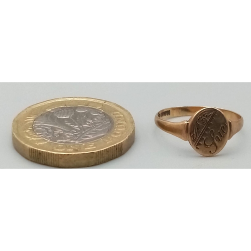 1196 - A Vintage 9K Yellow Gold Signet Ring. Size J. 1g