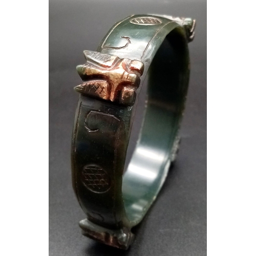 182 - An antique, Chinese, dark green jade, hand carved bracelet in Chinese, custom made, presentation box... 