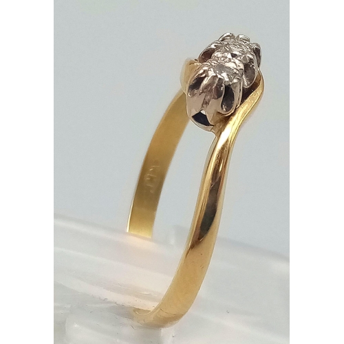 5 - A Vintage 18K Yellow Gold Diamond Trilogy Crossover Ring. Three bright round-cut diamonds. Size R. 3... 