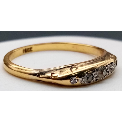 568 - A Vintage 18K Yellow Gold Five Stone Diamond Ring (one end stone missing). Size Q 1/2. 3g total weig... 