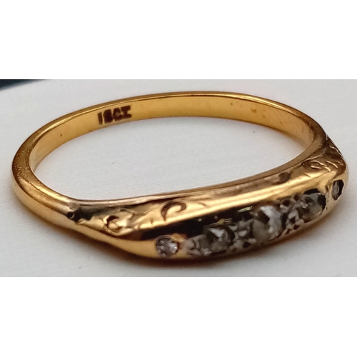 568 - A Vintage 18K Yellow Gold Five Stone Diamond Ring (one end stone missing). Size Q 1/2. 3g total weig... 